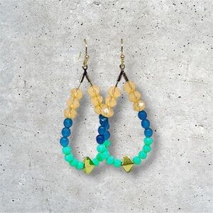 BOUTIQUE Elegant Beaded Earrings in Gold and Blue, Summer Hoops, Vacay, Handmade
